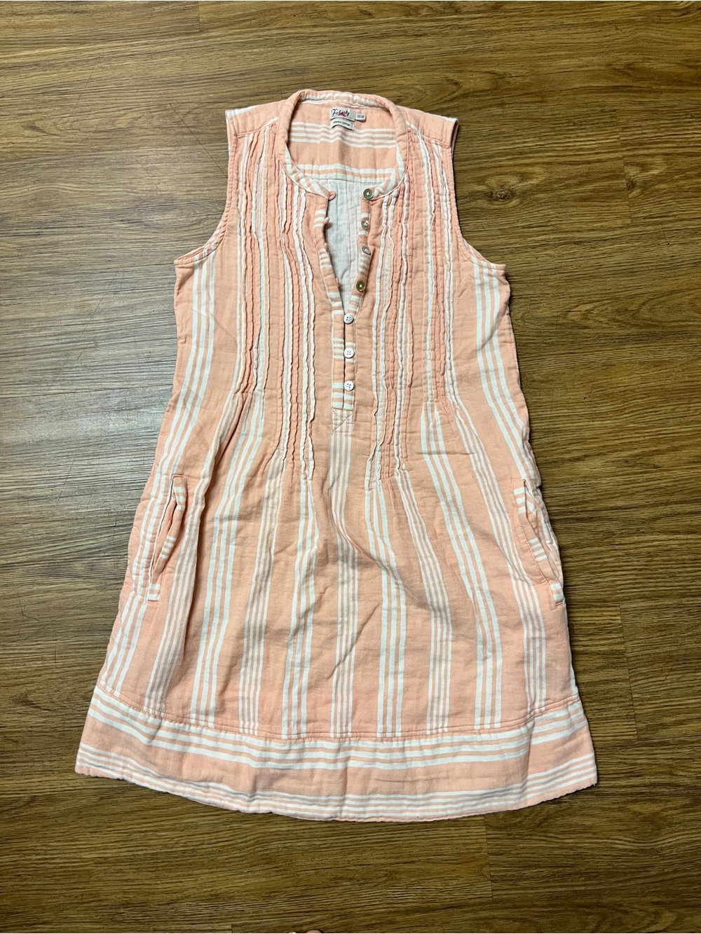 Faherty Brand Peach Striped Organic Cotton Gauze Henley Dress with Pockets XS